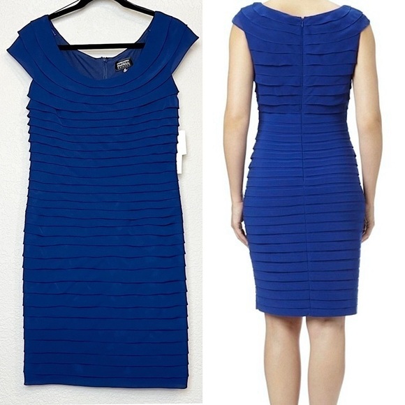 NWT ADRIANNA PAPELL Tiered Chiffon Scoop Neck Cap Sleeve Sheath Dress-Blue 10P - Picture 1 of 6